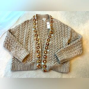 BNWT Maeve Anthropologie Beige Taupe Knit Cardigan Sweater Dazzled Gold Beads
